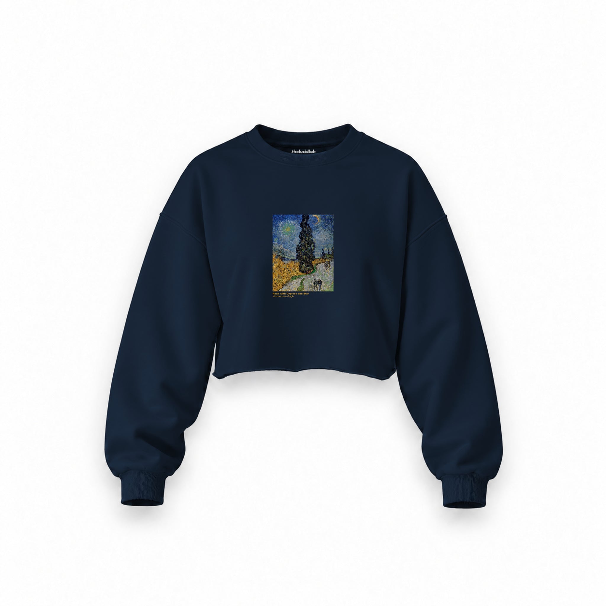 Road with Cypress and Star Oversize Crop Sweatshirt – Lacivert