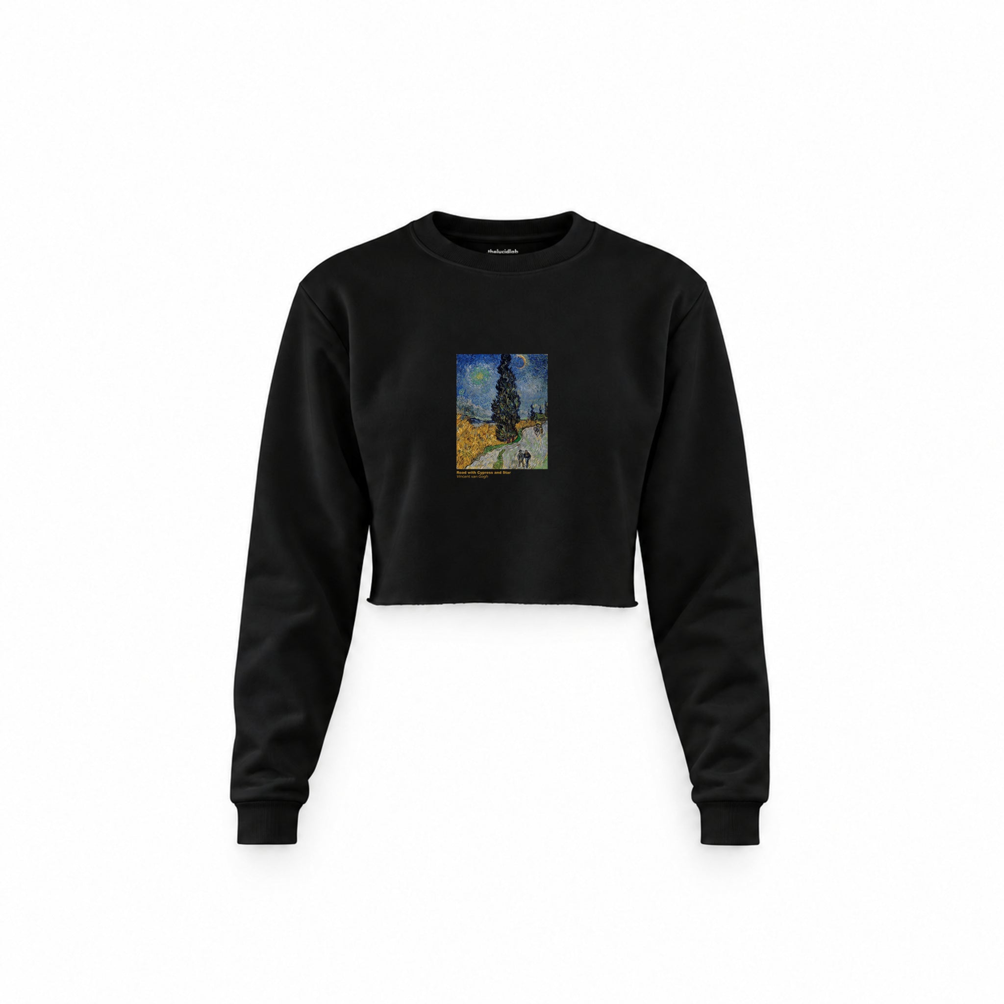 Road with Cypress and Star Crop Sweatshirt – Siyah