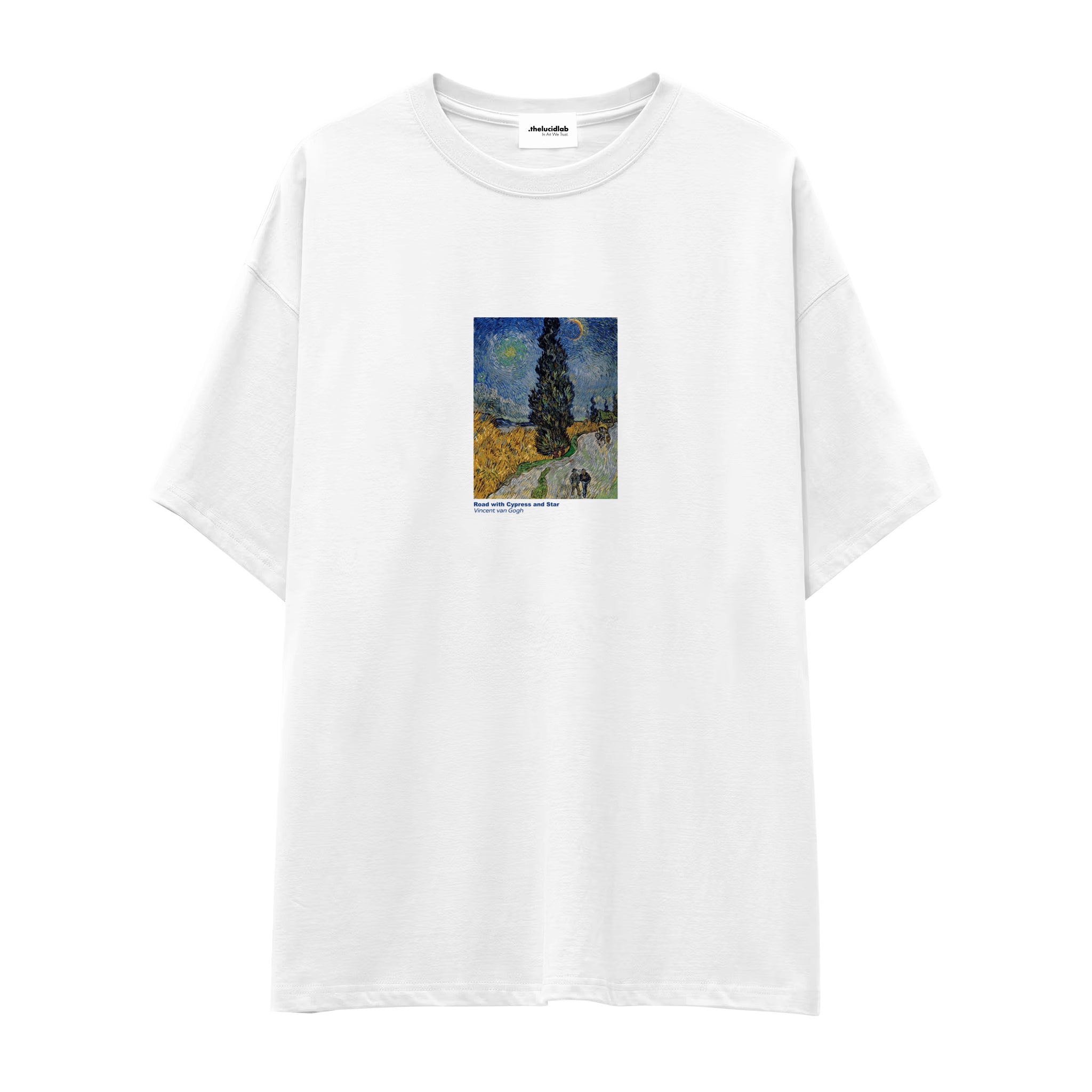 Road with Cypress and Star Oversize Tişört – Beyaz