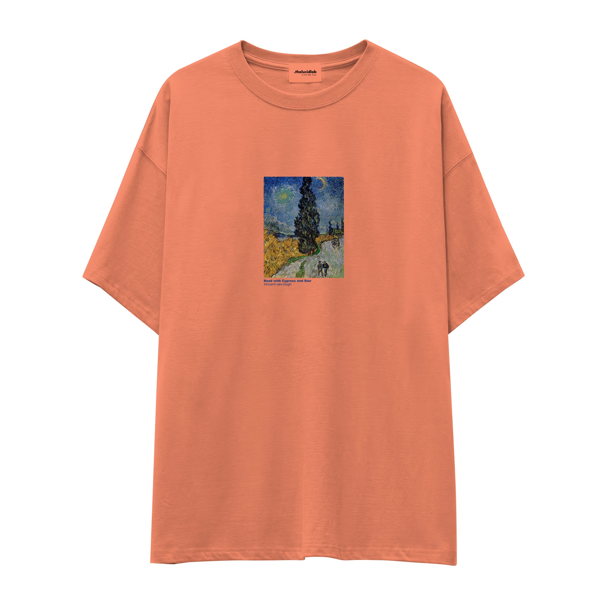 Road with Cypress and Star Oversize Tişört – Somon