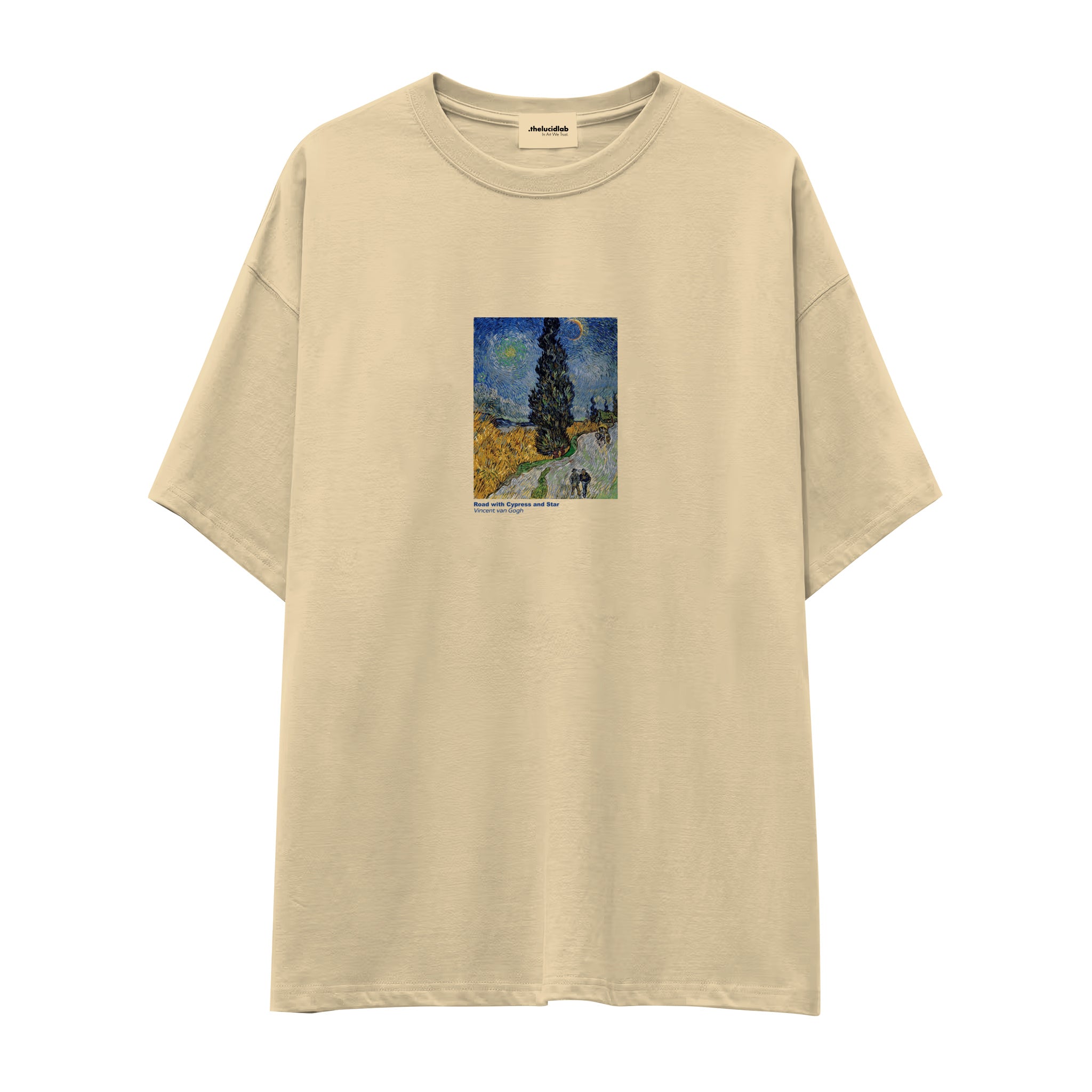 Road with Cypress and Star Oversize Tişört – Krem