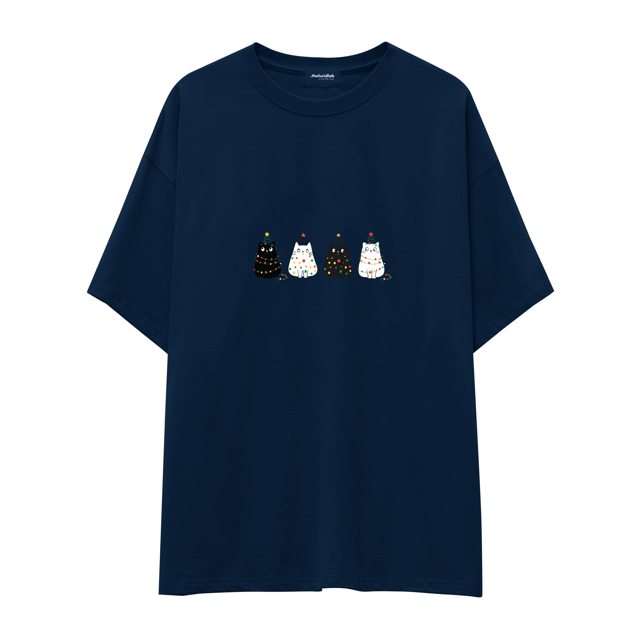 Twinkle Puffy Cats Oversize Tişört Lacivert Ön