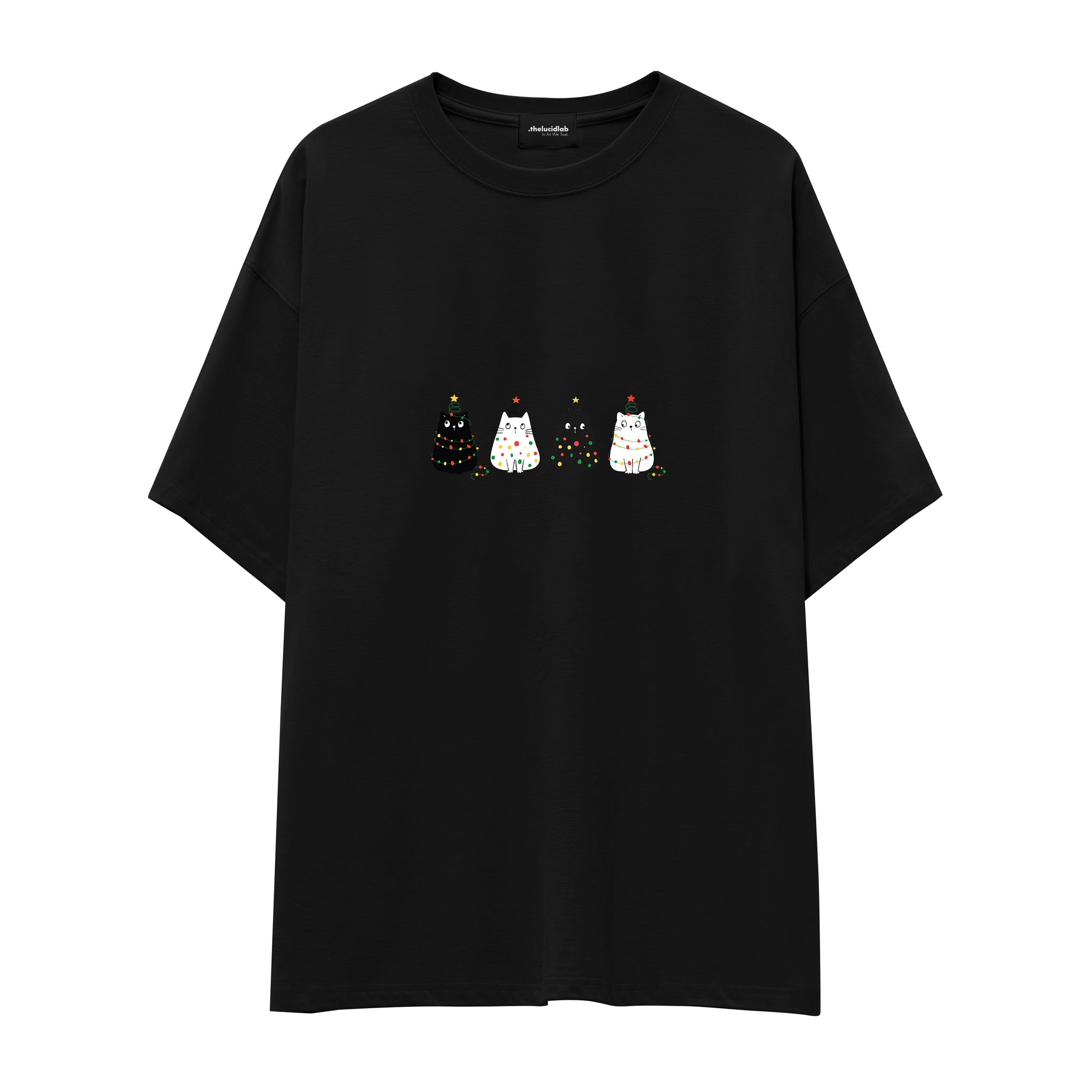 Twinkle Puffy Cats Oversize Tişört Siyah Ön