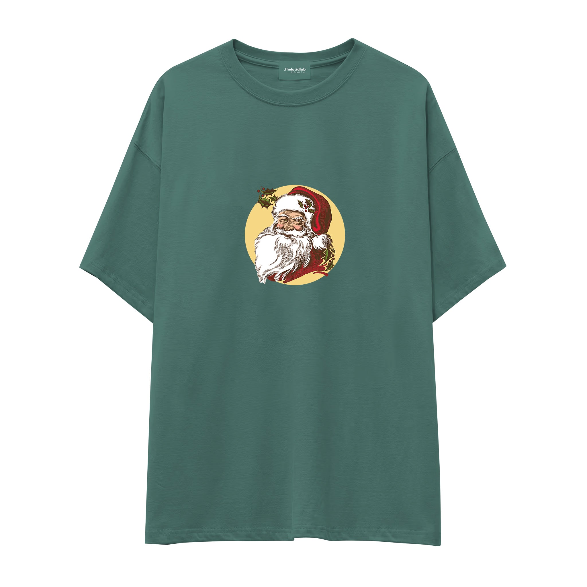Vintage Santa Portrait Oversize Tişört Yeşil Ön