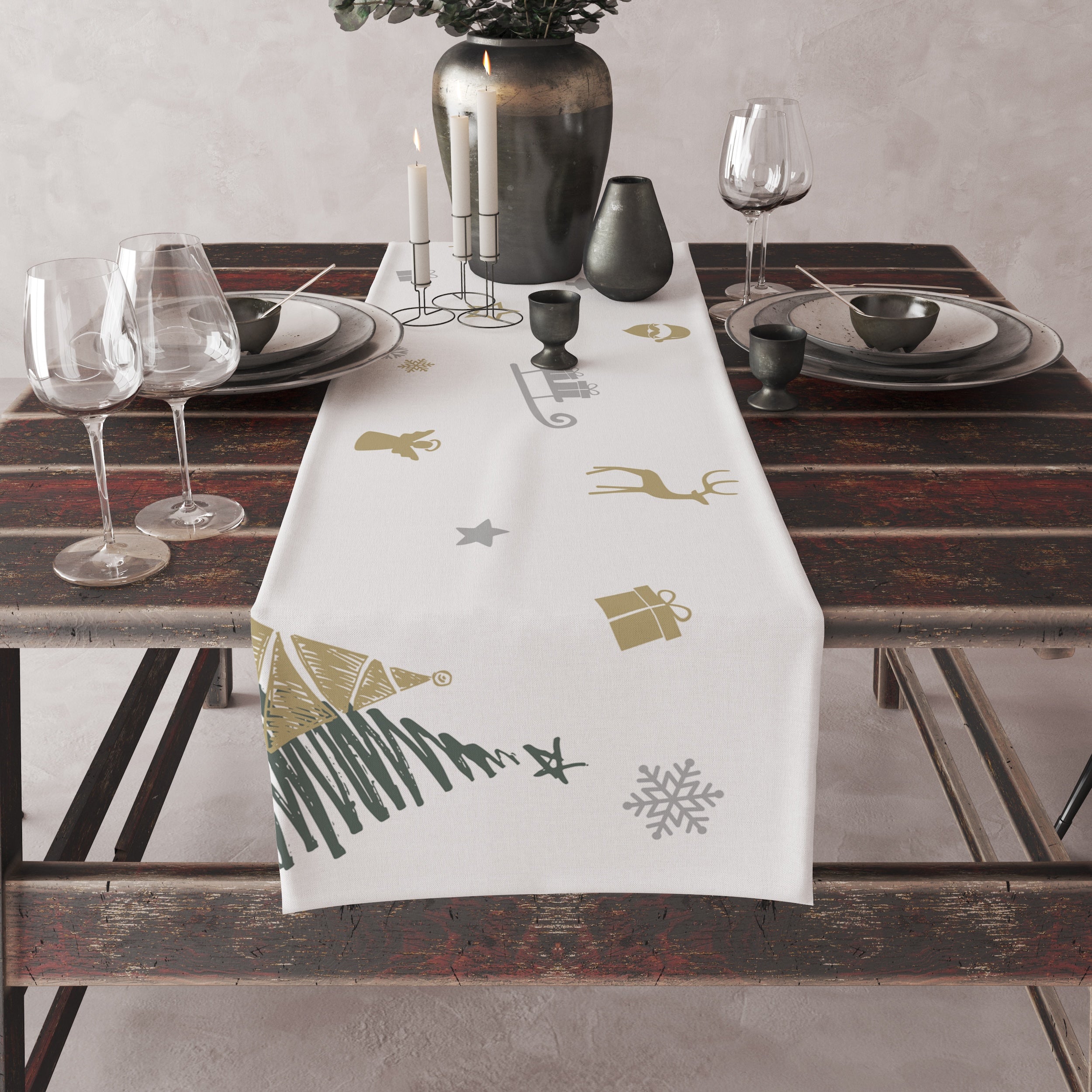 Gümüş / Altın Rengi Yılbaşı Ağacı Temalı Runner Örtü 40 cm X 140 cm ...