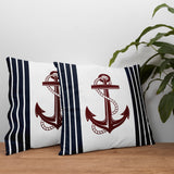Vertical Striped Claret Red Anchor / Marine Themed Double-Sided Cushion Cover 2 Pieces