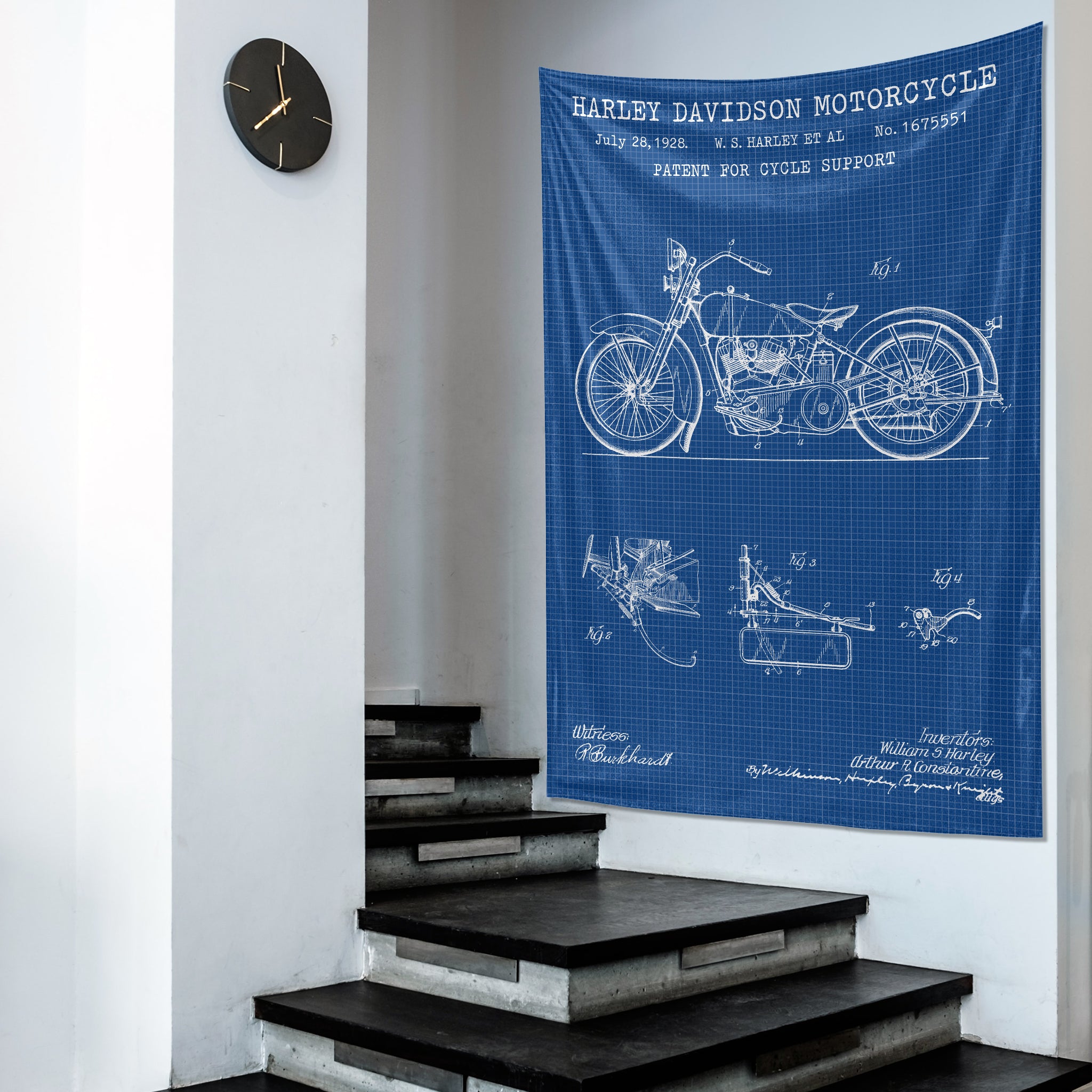 Harley Davidson Model 28B Blueprint Tapestry Motorcycle Blue Wall