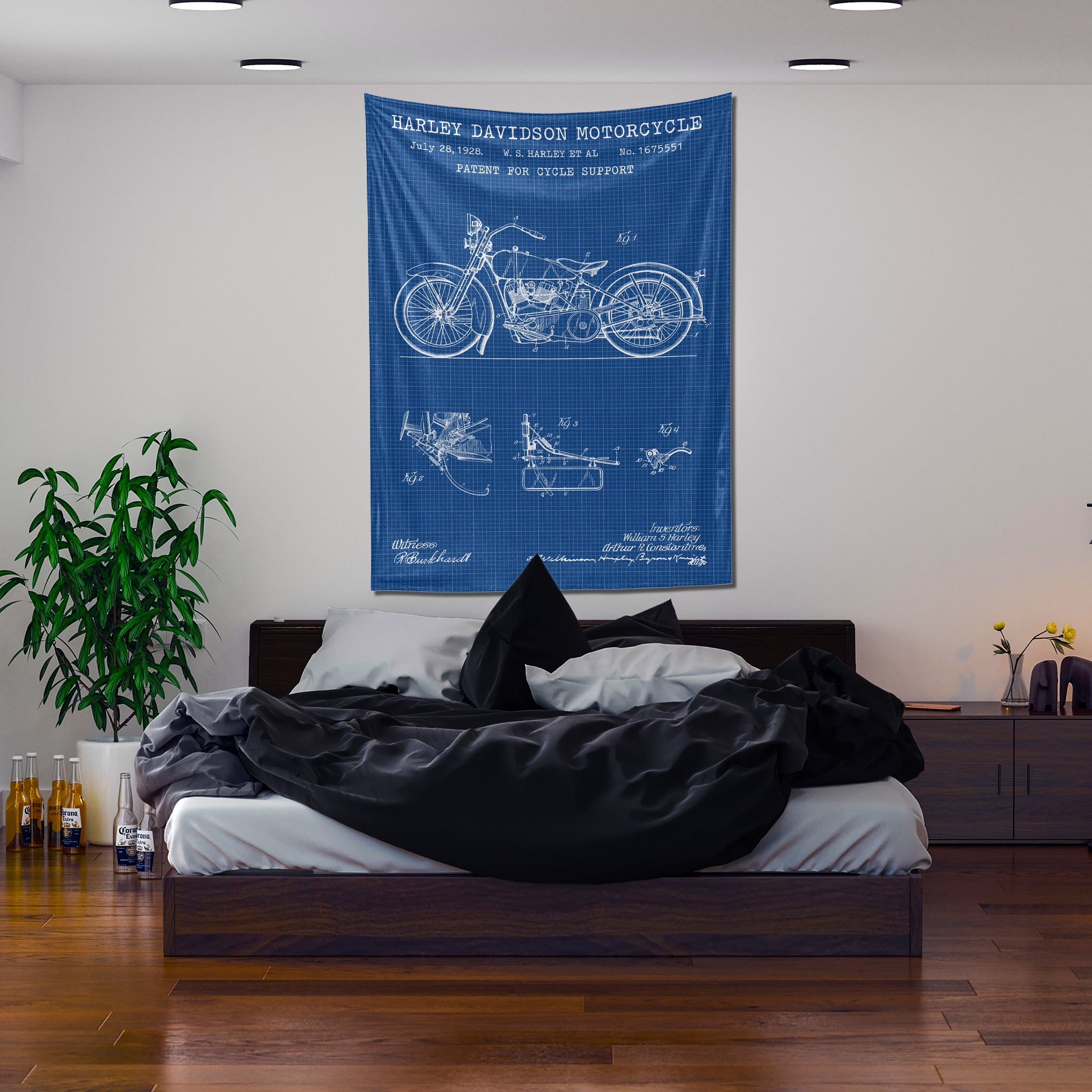 Harley Davidson Model 28B Blueprint Tapestry Motorcycle Blue Wall